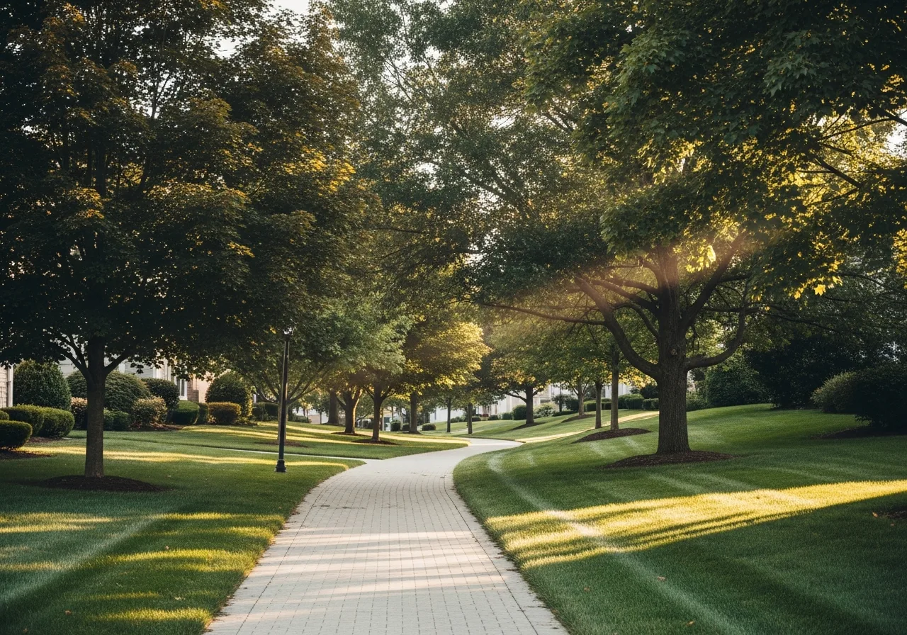 Tree-lined path through a community managed by O.W.L. Communities